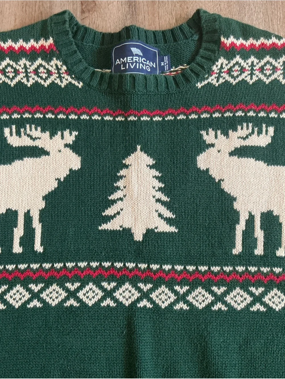 American Living Sweater Men's M Green Fair Isle Nordic Moose Lodge Ski Holiday